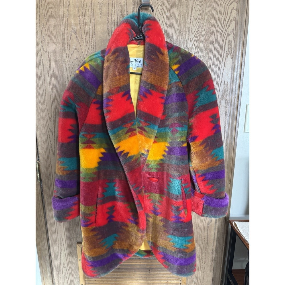 VTG REGAL FAUX FUR COAT WOMENS S RAINBOW AZTEC DONNYBROOK 80s BUTTON JACKET BOHO